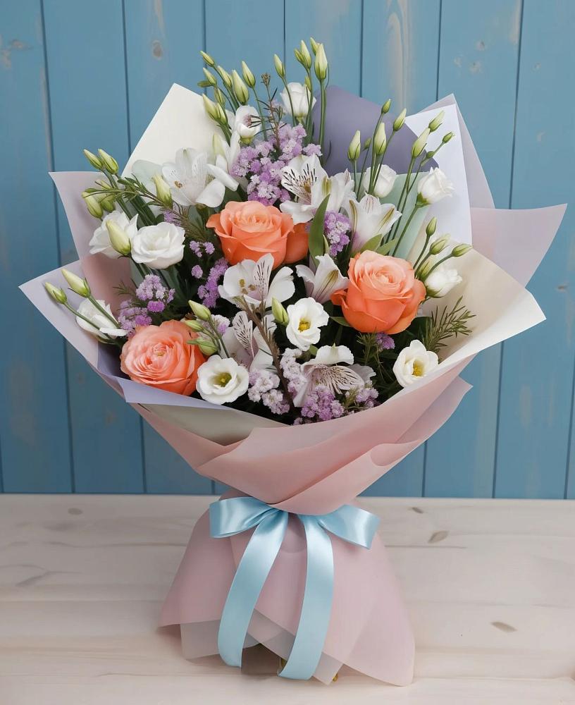 Букет цветов из: Лизиантусы, Розы, Альстромерии и Гипсофила в Нахабино