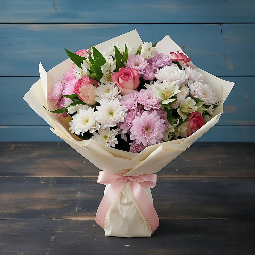 Букет цветов из: Хризантемы, Альстромерии и Розы в Нахабино